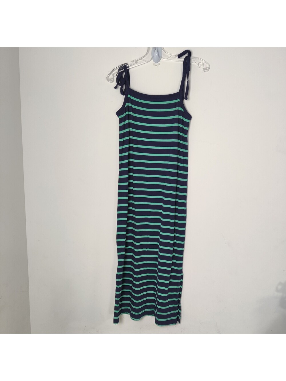 Gap Navy Blue Emerald Green Striped Tie Shoulder Midi Tank Dress 100% Cotton XS